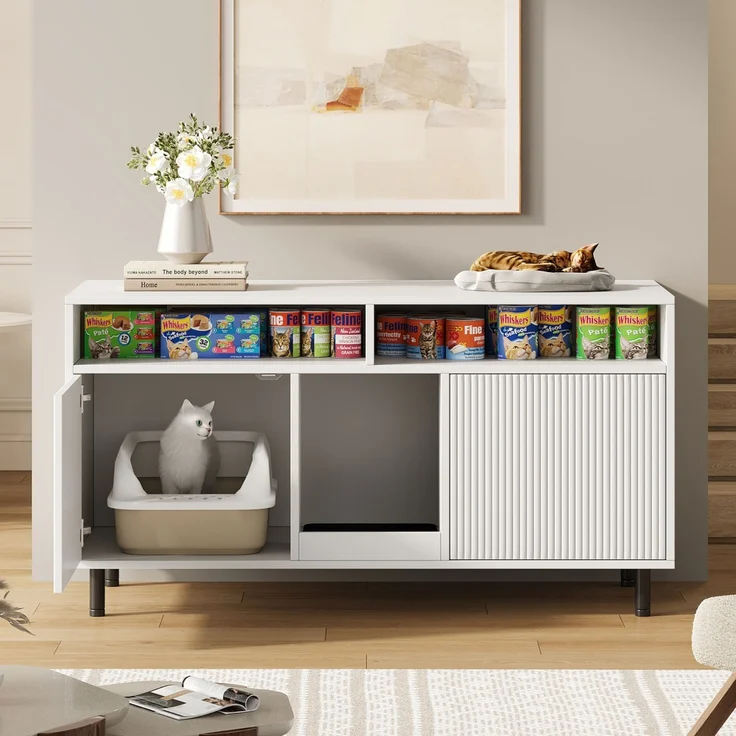 Katzentoiletten-Schrank/Katzenstreuwanne-Schrank mit Sandauffangmatte, Haustier-Schrank mit Ablage, Haustier-Sideboard/TV-Schrank, ohne Katzenstreuwanne, 120 x 50 x 66 cm, Weiß – Bild 1