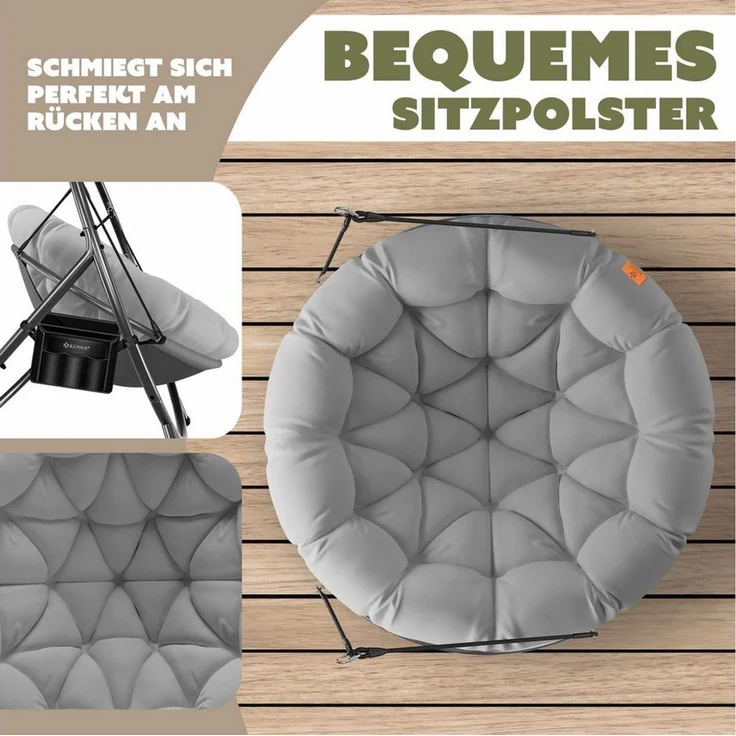 KESSER® Hängesessel mit Gestell BALI Hängeschaukel Hängestuhl bis 150kg für Indoor und Outdoor + Kissen & Seitentasche Hängekorb Stahlgestell & Schaumstoff Sitzpolster ideal für Wohnzimmer & Garten Grau – Bild 2
