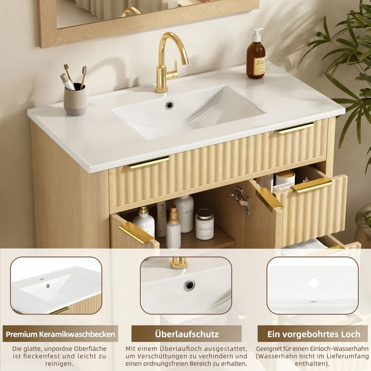 Waschtischunterschrank B 81 x T 47 x H 90 cm aus MDF mit Keramikwaschbecken und Wellenfront – Bild 7