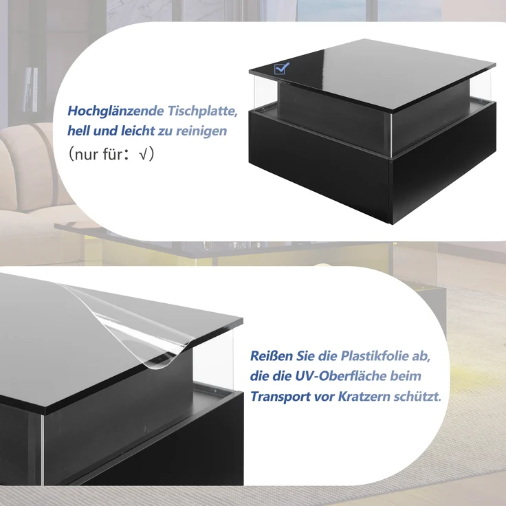 Couchtisch, Hochglanz, mit LED-Beleuchtung, 2 Schubladen & transparentem Display, 70x70x41 cm, Schwarz – Bild 6