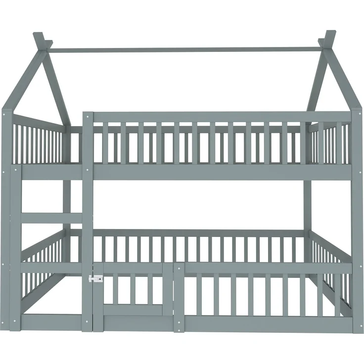 Etagenbett 140x200 cm mit Treppe und Tür – Massivholz Hoch-/Familienbett, Grau – Bild 4