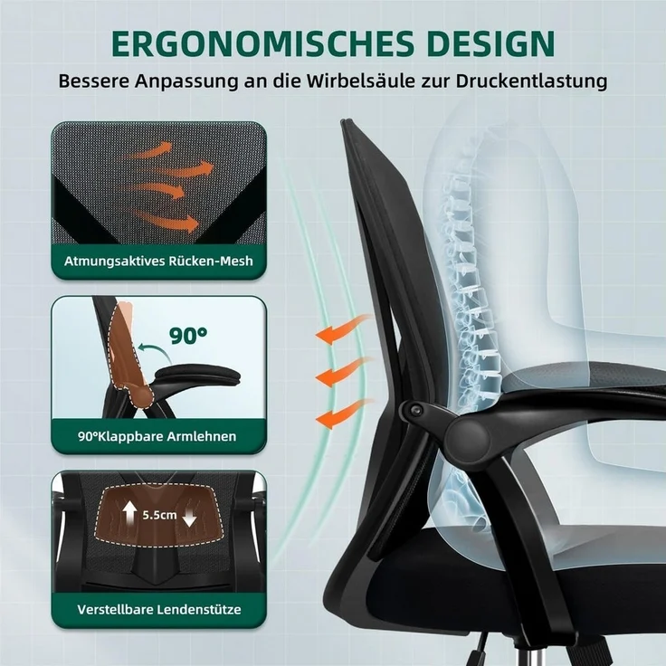 Adormii Bürostuhl Bürostuhl mit klappbaren Armlehnen,Ergonomischer Bürostuhl (Drehstuhl 360° mit Höhenverstellbarer Lendenwirbelstütze,Verstellbarer gepolsterten Armlehnen,Wippfunktion bis 125°,geräuscharmen Rollen,Höhenverstellbar), Atmungsaktiver Net... – Bild 2