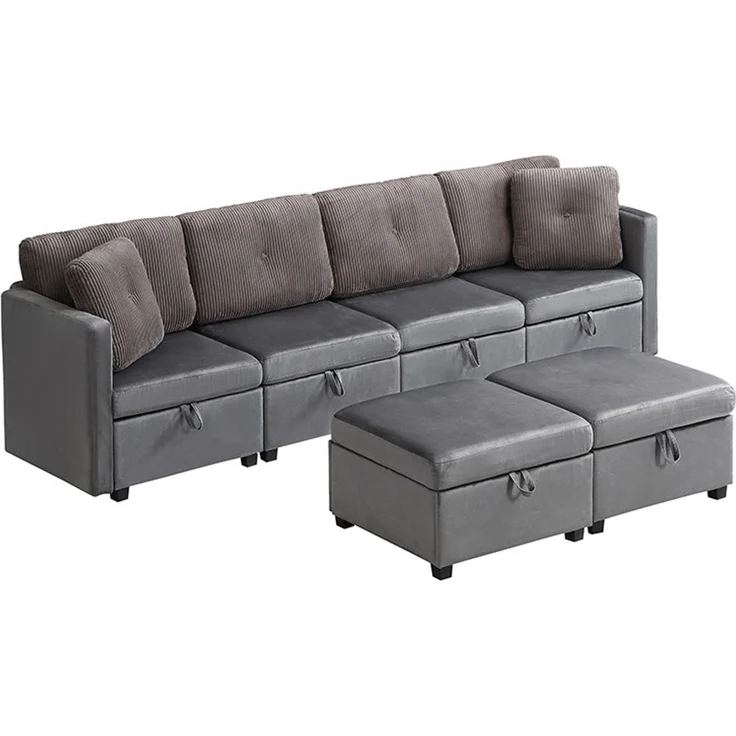 Modulares U-Sofa, Samt & Cord mit Stauraum, 261x132,5x85 cm, Antikgrau – Bild 5