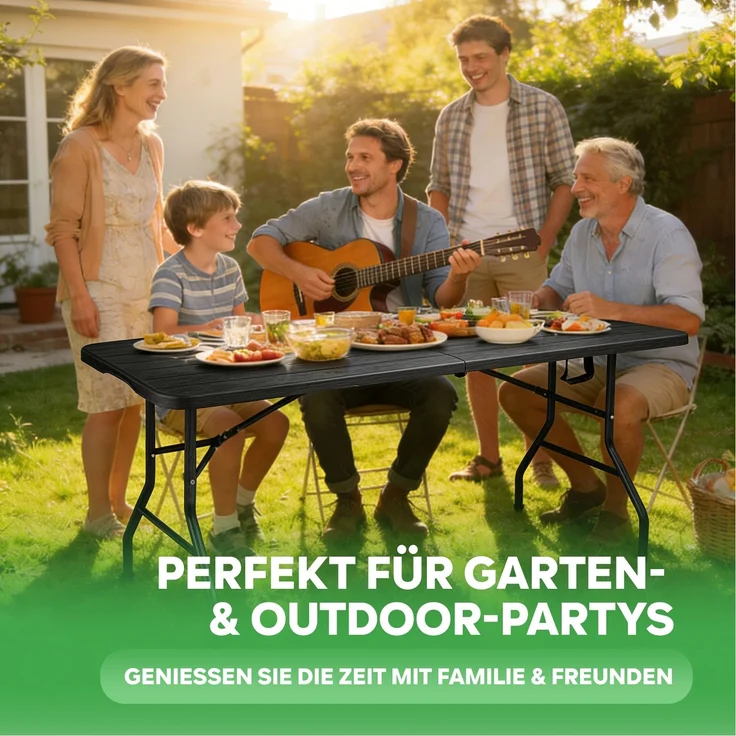 Eiryss Klappbarer Gartentisch 180x74cm, Outdoor Campingtisch für 8 Personen, schwarz mit Holzoptik-Kunststoffplatte, Metallrahmen, belastbar 150kg, 3 Sicherheitsverschlüsse, Buffetstisch für Garten, Balkon – Bild 8