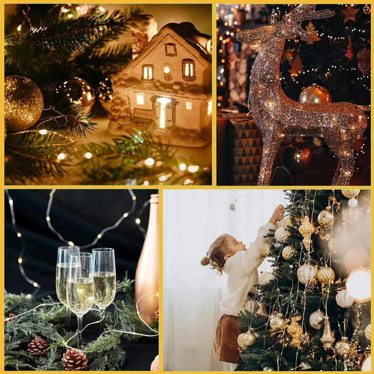 Salcar Lichterkette LED Kupfer Lichterkette Weihnachtsbeleuchtung für Innen & Außen Deko, 20m 200 LED Silberfarbener-Kupferdraht, Netzteil, Warmweiß – Bild 7