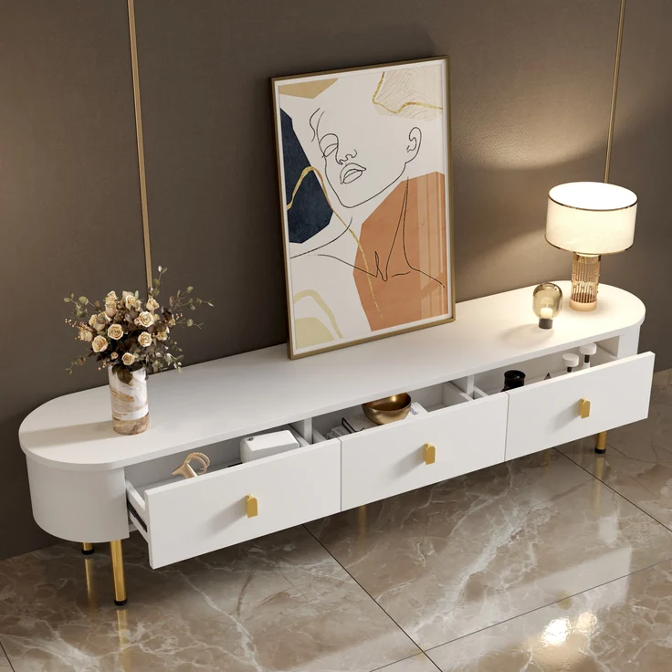 Moderner TV-Schrank 174 cm mit goldenen Griffen, geschwungenen Kanten und hochwertiger Lackoberfläche in Weiß, 174 x 35 x 41 cm – Bild 6