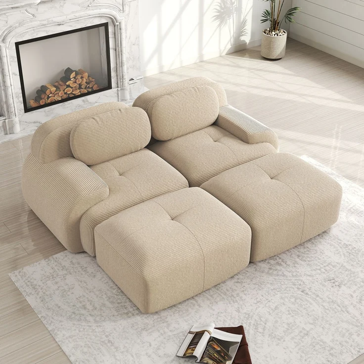 Rayofly-2-Sitzer Cordsofa, rahmenlos, modular mit Chaiselongue kombinierbar, rutschfest, ergonomische Armlehnen, hochelastische Polsterung, Beige, H 70cm x T 208cm x B 178cm – Bild 4