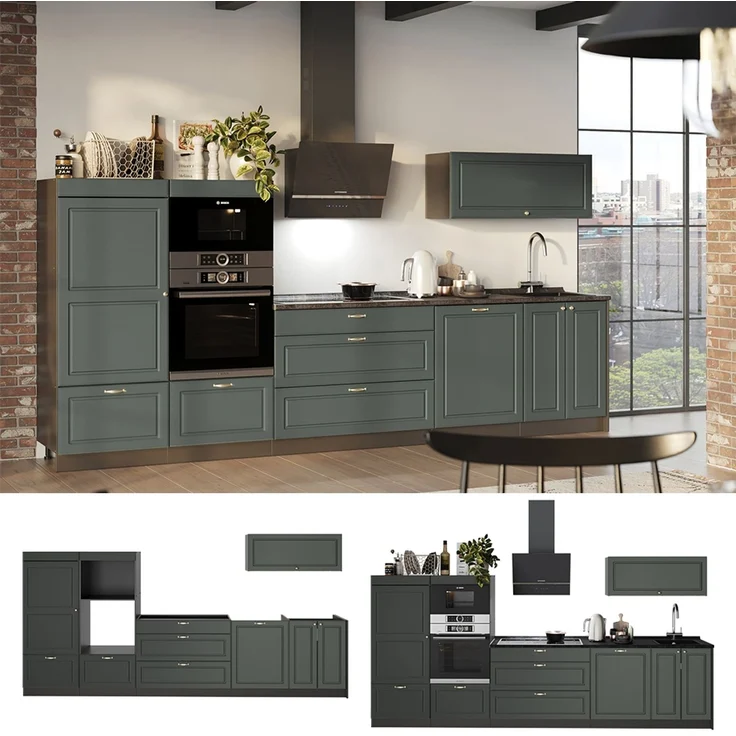Küchenzeile Fame-Line Grün-Gold Landhaus/Anthrazit 340 cm, AP Marmor Vicco – Bild 4