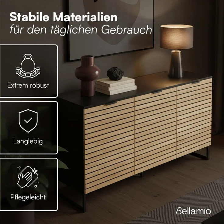Bellamio 'Luvua' Kommode, schwarz/Eichenoptik, mit Metallfüßen, 80x40x135 cm, Sideboard mit 3 Türen und 6 Fächern – Bild 3