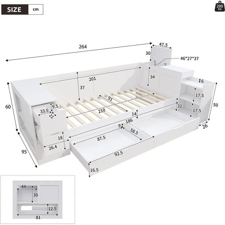 Kinderbett,Daybed, 90 x 200 cm, Einzelbett, multifunktionales Kinderbett mit Schubladen, Regalen und Stauraum, mit nachttisch,mit Stauraum, ohne Matratze, weiß – Bild 5