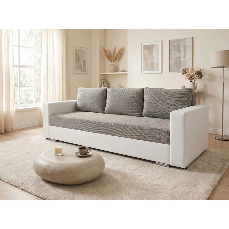 Schlafsofa Bird - Sofa mit Schlaffunktion und Bettkasten, Klappsofa, Schlafcouch mit Chromfüße, Couch, Couchgarnitur, Sofagarnitur (Weiß + Grau (Dolaro 511 + Berlin 01)) – Bild 1