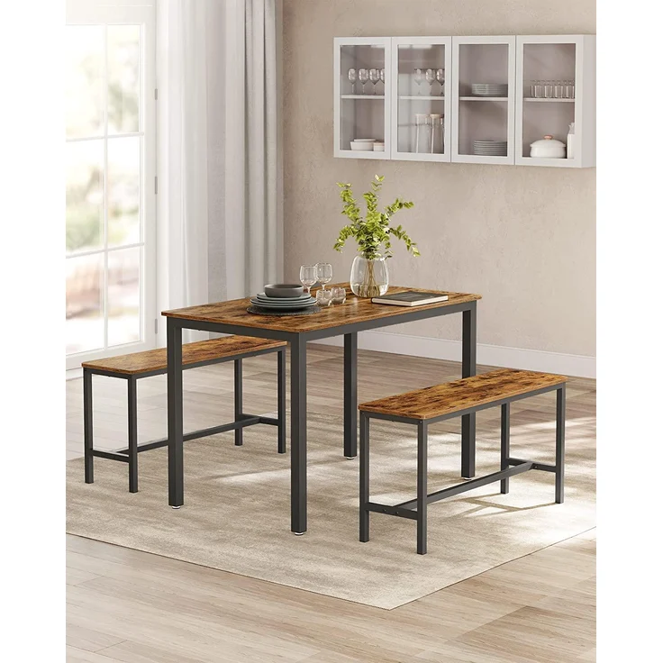 VASAGLE Esstisch, Küchentisch-Set, 110 x 70 x 75 cm, mit 2 Bänken je 97 x 30 x 50 cm, Metallgestell, für Küche, Wohnzimmer, Esszimmer, Industrie-Desig [KDT070B01] – Bild 3