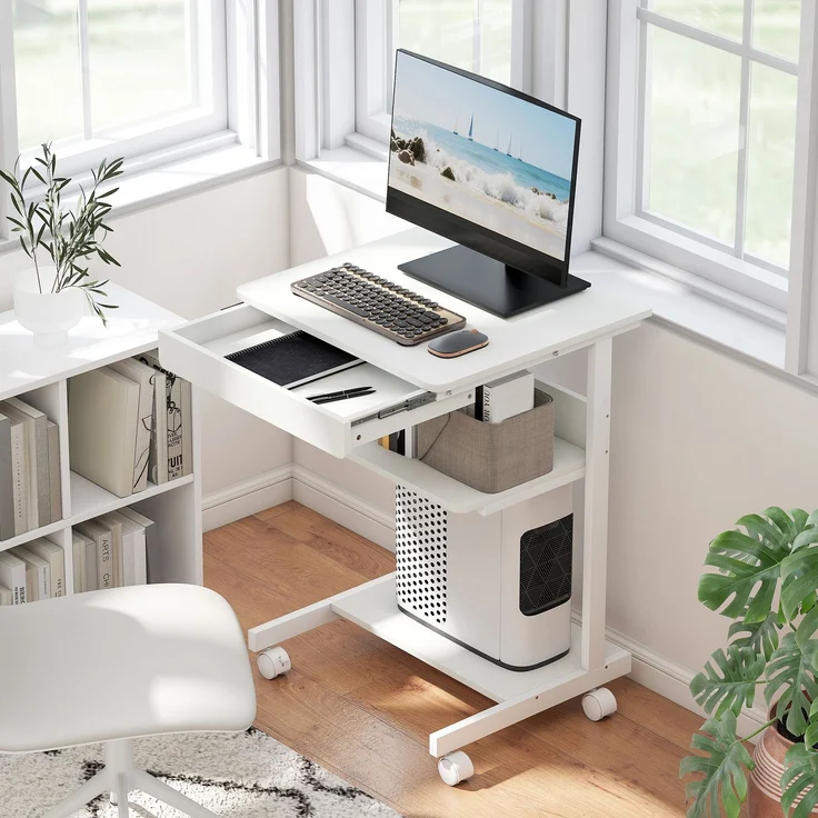 Computertisch auf Rollen, Schreibtisch mit Stauraum 56 x 51 cm mit Schublade, Fach und CPU-Halterung, weiß – Bild 3