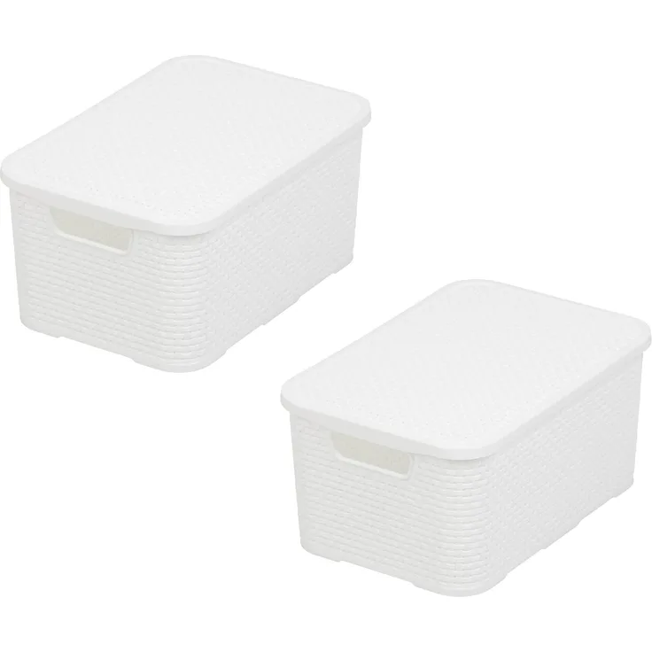 BranQ - Home essential Korb mit Deckel in Rattan Design 2er Set Grösse M 10 l, BPA-frei Kunststoff PP, Weiß, 28,8 x 19,7 x 16,2 cm, 2 Stk.
