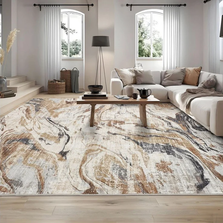 GarveeMore Teppich Waschbarer Falteppich, 350g/m² Florgewicht, TPR Rückseite Rutschfest, rechteckig, Höhe: 8 mm, Motiv "Wolken & Tinte", Blau/Grau/Braun für Wohnzimmer Schlafzimmer – Bild 2
