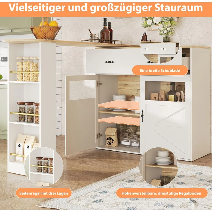 Ausziehbarer Bartisch mit Stauraum(138-204×39×104cm) , 360° drehbare Essbar,Moderner Beweglicher Bar Table,Hochtisch Kücheninsel Bistro Table, Sideboardschrank mit Regalen, weiß – Bild 4