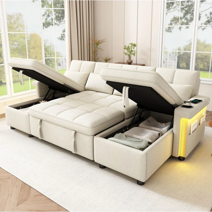 U-förmiges Ecksofa, Chenille mit Schlaffunktion und Stauraum, 268,5 x 141,5 x 90 cm, Beige – Bild 4