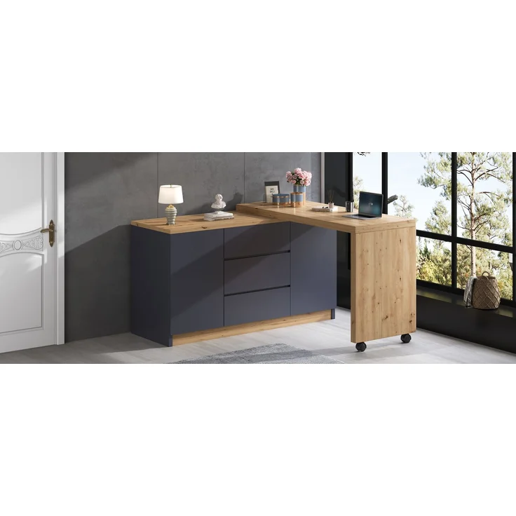 Flieks 360° Schreibtisch mit Sideboard, 120×50×76.5cm, Eckschreibtisch auf Rollen, Computertisch mit 3 Schubladen & 2 Türen, Grau/Eiche – Bild 9
