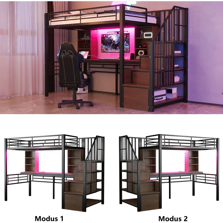 Merax Hochbett Kinderbett 90×200 cm, Jugendbett, Einzelbett mit Ablage, Schreibtisch, Steckdose und LED-Beleuchtung, Integrierter Stauraumtreppe (links/rechts montierbar), Schwarz – Bild 5