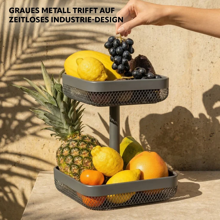 eluno 2-stöckige eckige Obstetagere / Brotkorb, Obstschale, Obstkorb, Metall, grau, 20 x 20 cm und 25 x 25 cm – Bild 4