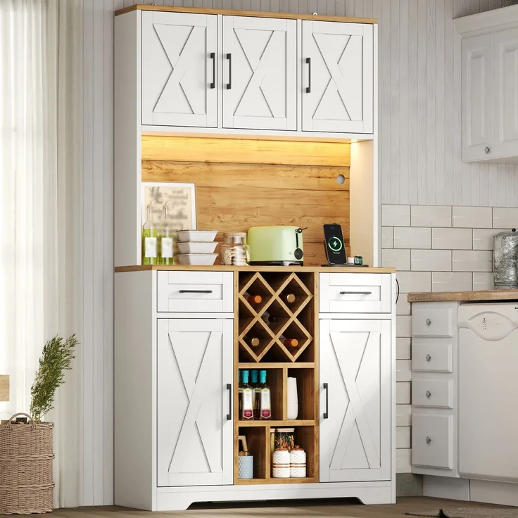 ZUBALIYA hoher Stauraumschrank mit LED-Beleuchtung / Vorratsschrank mit Weinregalen, mit weinschrank & Vitrinenschrank für Wohnzimmer und Esszimmer, 180 x 105 x 40 cm, fürs Wohnzimmer, mit Schubladen