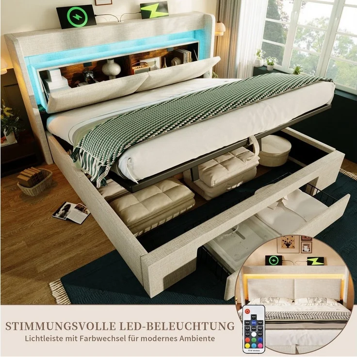 SeedWave Polsterbett LED Stauraumbett mit Leinenbezug, Ladefunktion, 90/140/160/180×200cm, Hydraulisches Bett mit gepolstertem Kopfteil, Rollen-Schublade – Bild 4
