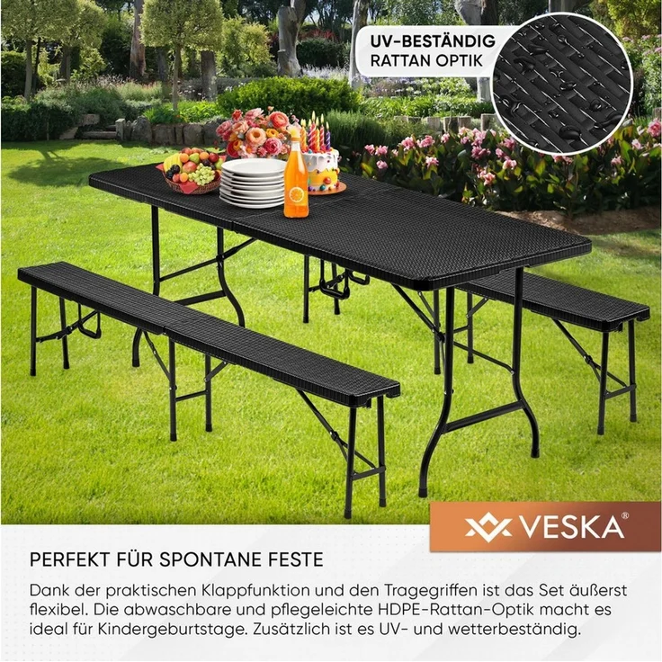 VESKA Bierzeltgarnitur 3-teilig Set Tisch + 2x Bank, wetterfest für drinnen und draußen, (klappbar mit Tragegriffen, Kunststoff, Gartengarnitur, Klapptisch), Gartentisch Länge 180 cm Rattan-Optik Schwarz – Bild 2