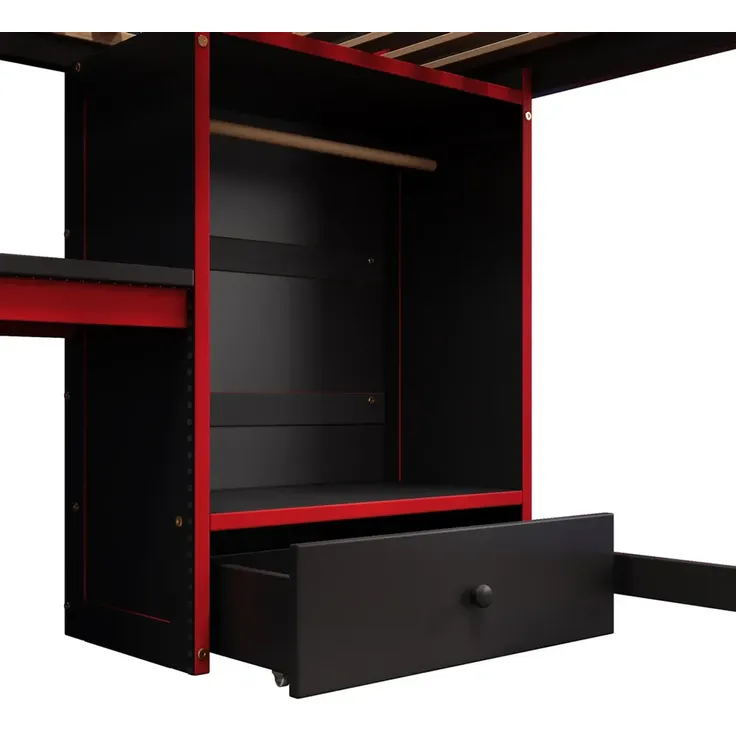 Hochbett mit Schreibtisch, LED-Streifen, Kleiderschrank, PC-Ständer, Leiter, Schubladen, Rausfallschutz, 140x200cm, Kinderbett – Bild 10