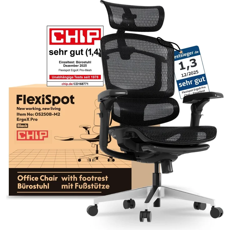FLEXISPOT ErgoX Pro Ergonomischer Bürostuhl mit ausziehbarer Fußstütze, 12-stufiger Höhenverstellung, 7D-Armlehnen, 5D-Lendenstütze, 4D-Kopfstütze, 250 kg Belastbarkeit Netzsitz (Schwarz)
