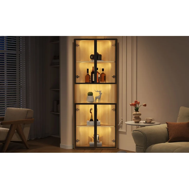 ZUBALIYA LED-Glasvitrine 62x32x160cm – Außenseite aus Eiche, integrierte Lichtleiste, staubdichter Schrank aus gehärtetem Glas, Eckvitrine mit Tür – Sammlungsvitrine, Bücherregal, Weinschrank,Badezimmerschrank – Bild 18