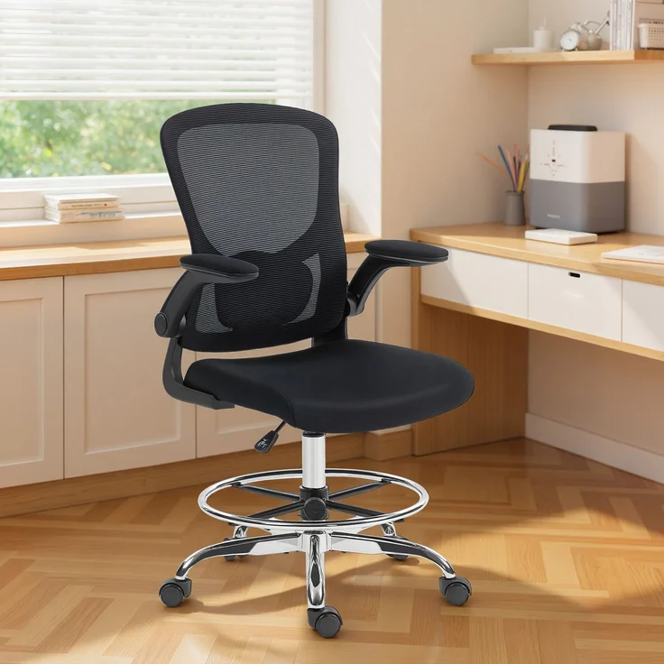 MELAYR, Zeichenstuhl mit Lendenstütze, höhenverstellbar, drehbar, für Homeoffice, Studio, 60 x 60 x 132 cm, Schwarz – Bild 4