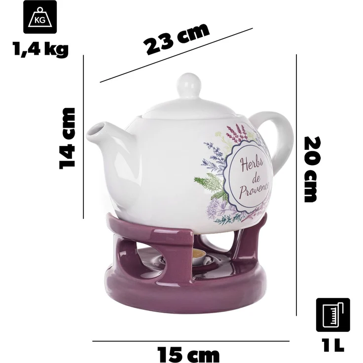 KADAX Teekanne 1L mit Stövchen Set, Kaffeekanne aus Porzellan mit Deckel, Griff und Teestövchen, Kanne mit Teelicht Wärmer für Tee, Teeservice (Violett/Weiß) – Bild 3