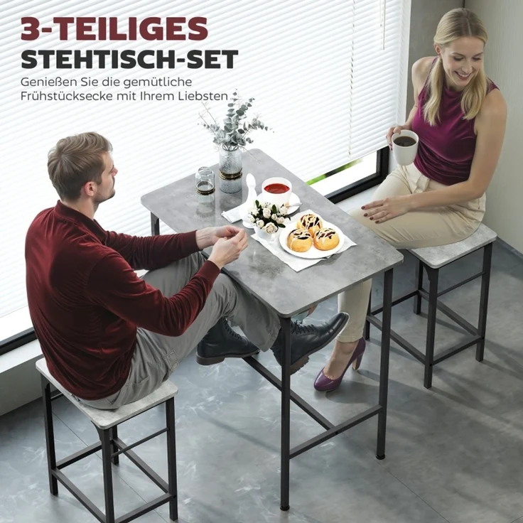 Bartisch Set Bartisch mit Barhocker-Set Esstisch mit 2 Stühlen mit Rutschfestem Fußpolster Küchentisch für Esszimmer, Küche, Grau--Grau--80x50x87cm--YOUDENOVA – Bild 4