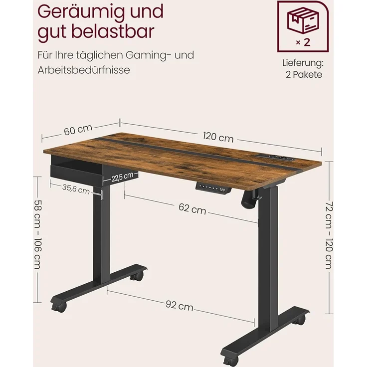Vasagle Höhenverstellbarer Schreibtisch elektrisch, mit Steckdose und Schublade, stufenlos verstellbar, Memory-Funktion mit 4 Höhen, vintagebraun-schwarz, Tischoberfläche 60x120 cm – Bild 4