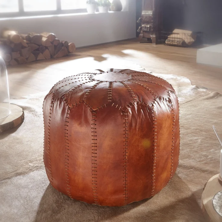 Wohnling Pouf, Ottomane, Sitzhocker, Echtleder Braun 52 x 40 x 52 cm – Bild 4
