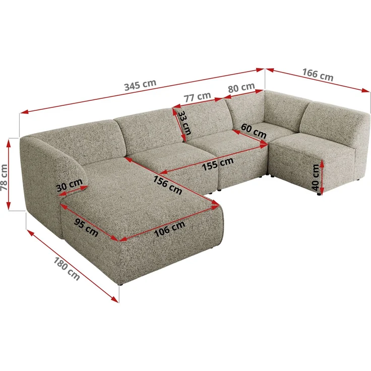 Modulares XXL-Ecksofa MODARO 5M, U-Form, Wohnlandschaft, 5-teilig, freistehend, Wohnzimmer Couch, HR-Schaumstoff - Beige Stukture - Rechts – Bild 6