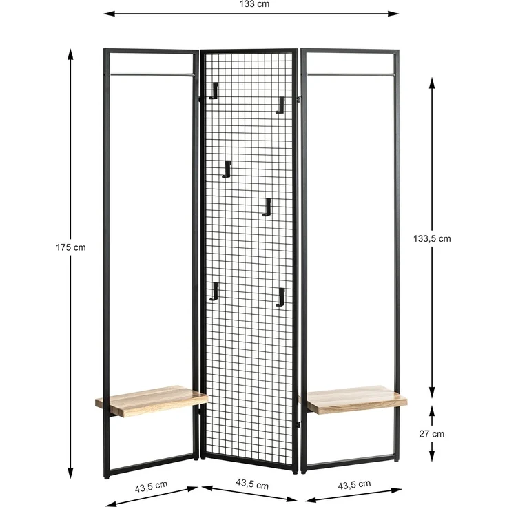 Garderobe >55599< Paravant / Raumteiler, schwarz, Metall, Eiche-MDF - 175x46cm (HxT) – Bild 2