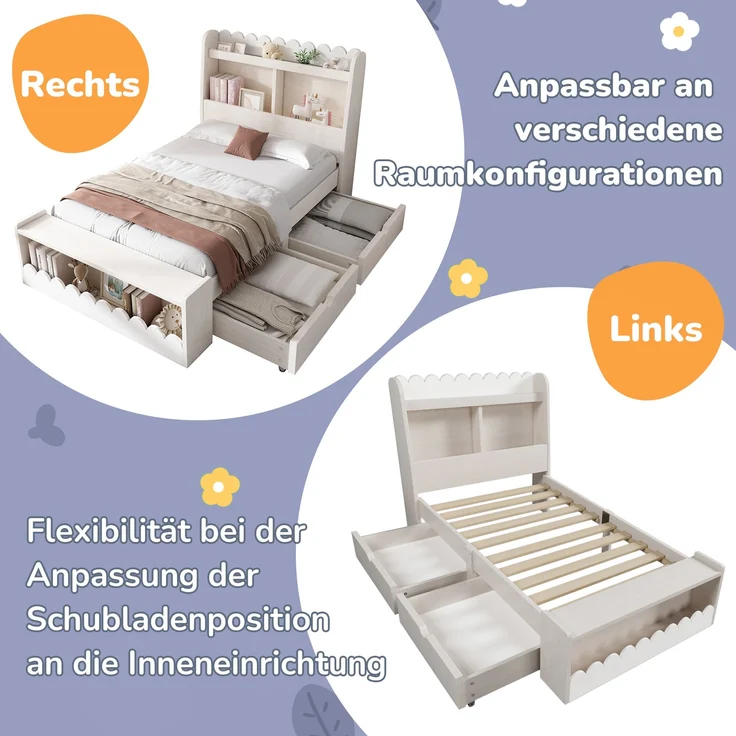 Kinderbett Massivholz/MDF mit 2 Schubladen & Regal, 240x98x100 cm, Weiß/Eichefarben, ohne Matratze – Bild 7