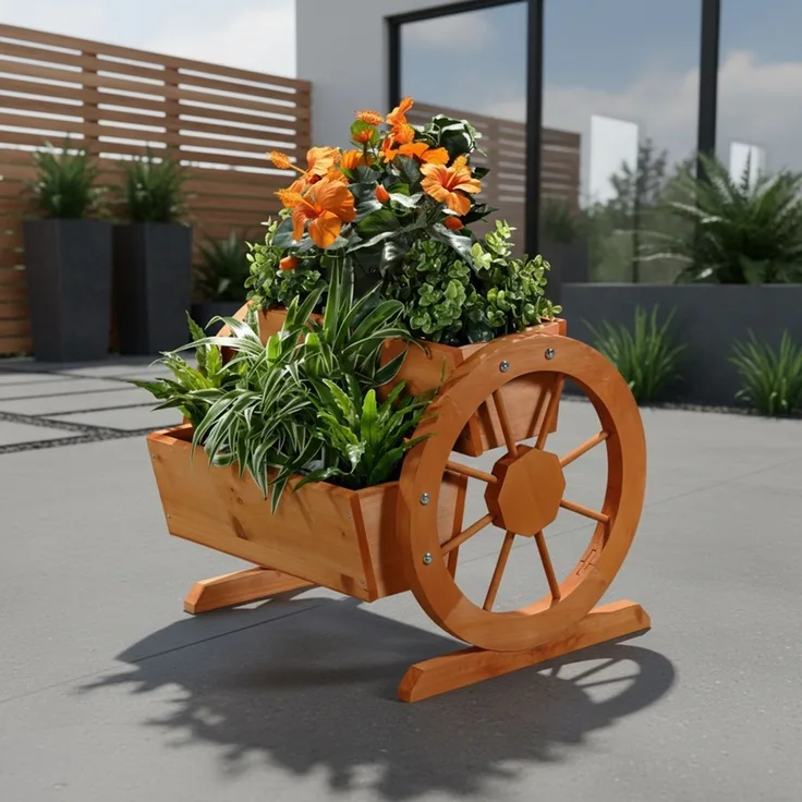 Pflanzkübel mit Wagenräder aus Holz Garten Dekoration Blumentrog Holzkasten