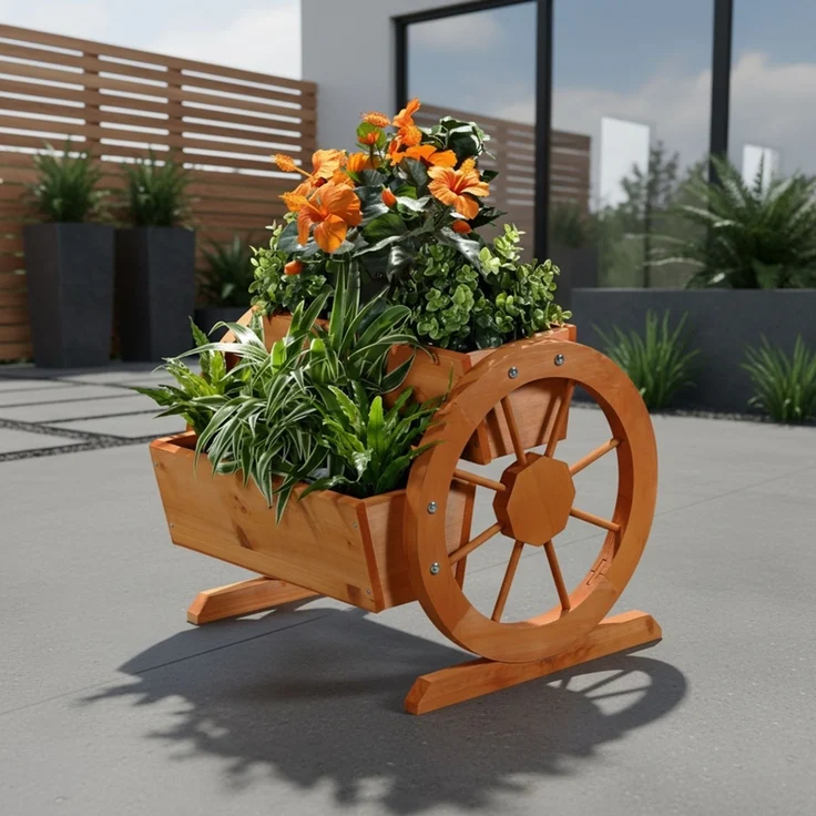 Pflanzkübel mit Wagenräder aus Holz Garten Dekoration Blumentrog Holzkasten – Bild 1