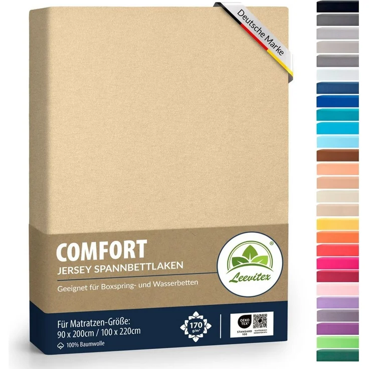 leevitex® Spannbettlaken, Premium 170g/m², Gummizug: rundum, schwer und dick, 100% Jersey-Baumwolle, Düne / Sand, 140 x 200 - 160 x 220 cm – Bild 1