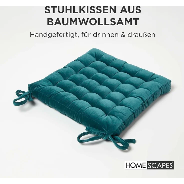 Homescapes Stuhlkissen Samt-Stuhlkissen 40x40 cm – Baumwollsamt petrolgrün – Bild 2