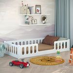 CADANI Monte 2in1 Bodenbett 90x200 cm Montessori Kinderbett Rausfallschutz abnehmbar - weiß, 37 kg schwer, bis 200 kg belastbar, extra starker Roll-Lattenrost, umbaubar