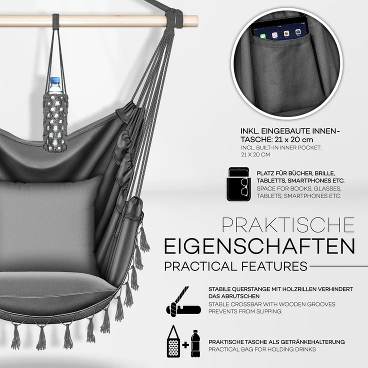 tillvex Hängesessel Anthrazit 2 Kissen zum Aufhängen | Hängestuhl mit Getränkehalter & Bücherfach | Hängesitz wetterfest - Indoor & Outdoor | Hängekorb mit Tragetasche für Erwachsene & Kinder – Bild 4