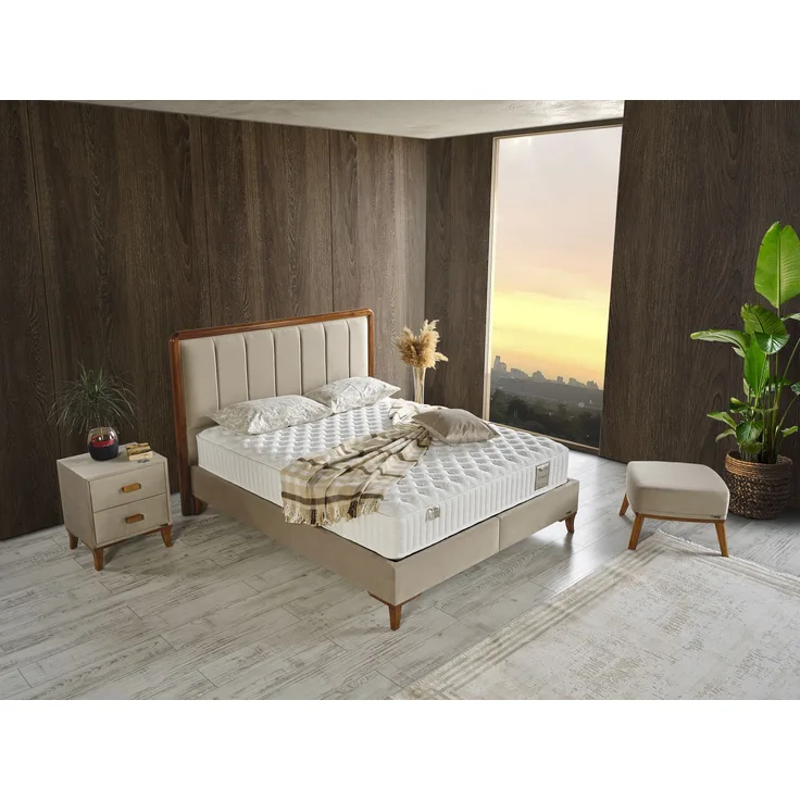 Schlafzimmer-Set "Rovina" – Bett mit Bettkasten und Matratze , Nachttisch, Hocker-Beige