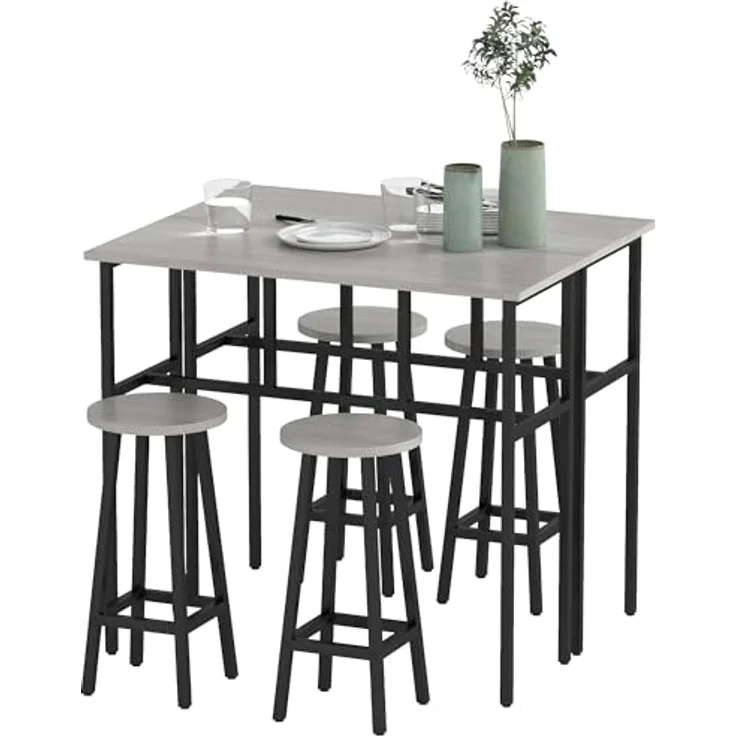 HOMCOM Bargruppe Bartisch-Set im Industriedesign, (Set, 6-tlg), 6-teilig Essgruppe 2 Bartisch mit 4 Stühlen Grau, Schwarz – Bild 2