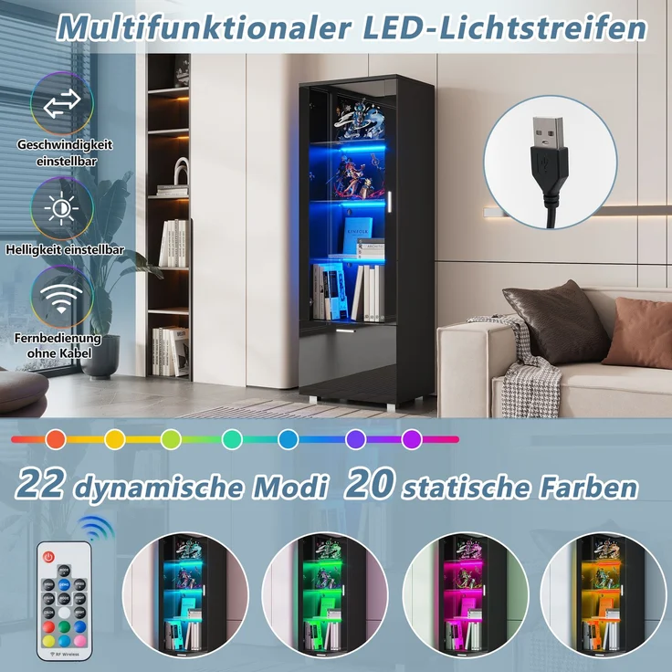 Schwarze Hochglanzvitrinen mit Acryltür, LED-beleuchtete Acryl-Vitrine, Vitrinen für Sammlerstücke, Parfümschränke, Bücherregale und Acryl-Vitrine mit schwarzen Hochglanztüren (3 Fachböden)--Schwarz--40x50x160cm--YOUDENOVA – Bild 10