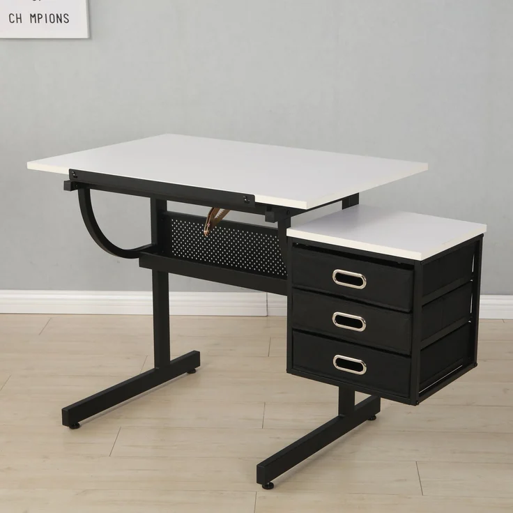 Weißer, höhenverstellbarer Zeichentisch mit Hocker und 3 Schubladen zum Basteln, Lesen und Schreiben – 115 x 60 x 76,2 cm – YOUDENOVA – Bild 7