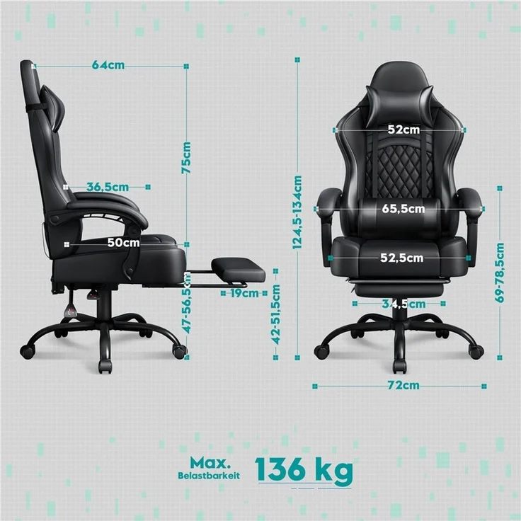 Yaheetech Gaming-Stuhl mit Massagefunktion & Kopfstütze & Fußstütze Ergonomischer PC-Stuhl, höhenverstellbarer Drehstuhl Computerstuhl Verstellbare Rückenlehne, Kunstleder Schwarz, 72 × 72 × 124,5–134 cm – Bild 3