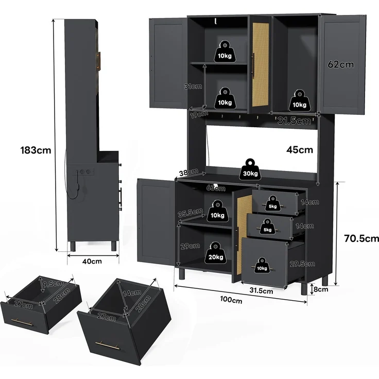 183cm Küchenanrichte, Buffet, App-gesteuerte LED-Deko-Lichter, 2 x USB, 2 x Steckdosen, verstellbare Einlegeböden, 3 Schubladen, goldene Metallgriffe, ideal für Küchen und Esszimmer. – Bild 6